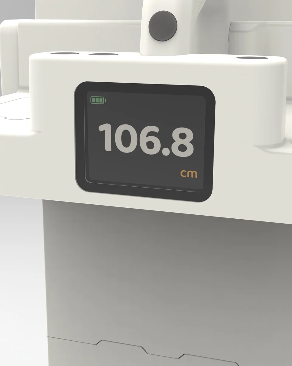 Close-up of the Zenko D100 headpiece display reading 106.8 centimetres.